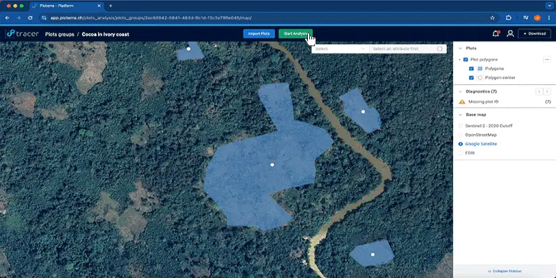 EUDR compliance graphic, showing deforestation layer over a plot