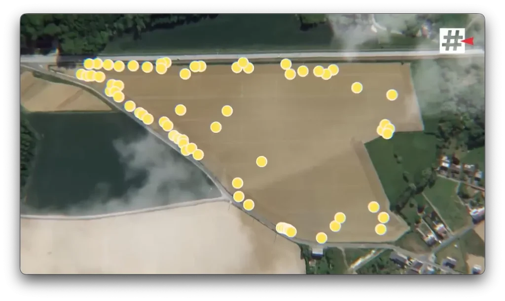 Aerial map showing numerous detection markers across a field boundary, indicating the location of foreign objects identified by the GeoAI model.