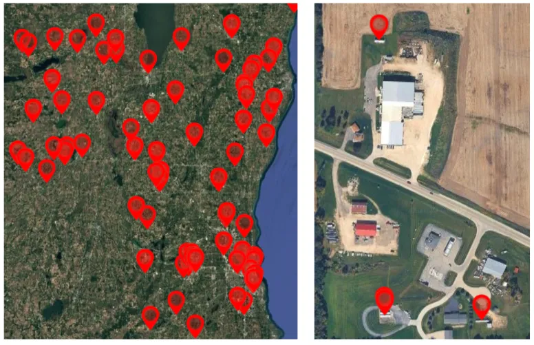 GeoAI-detected propane tank locations across the US Midwest, with zoomed-in examples of individual tanks identified from high-resolution aerial imagery.