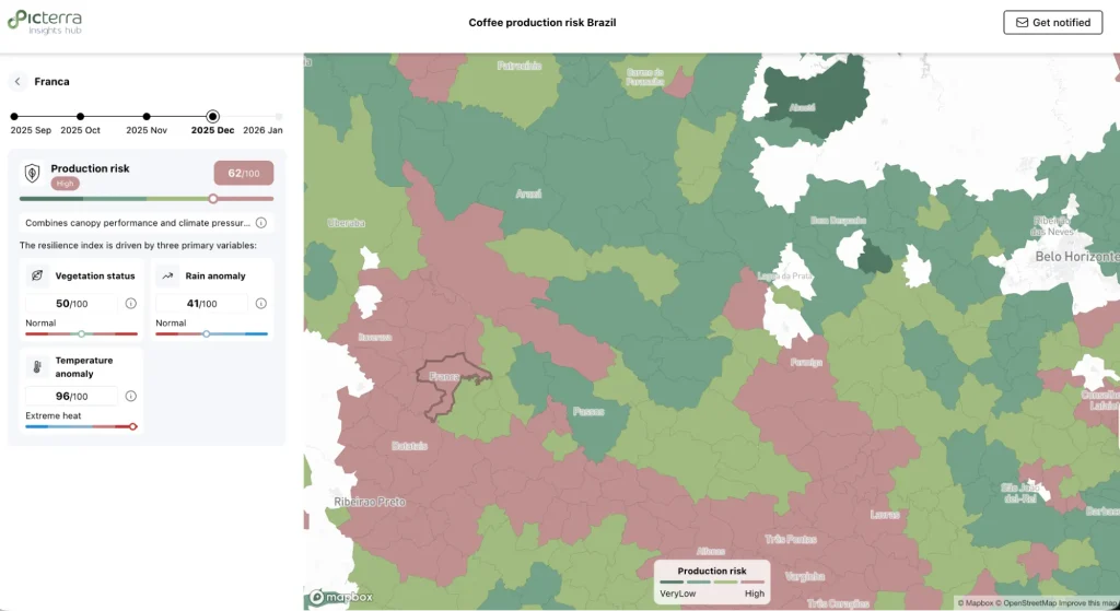 Brazil coffee regions showing mixed production risk levels highlighting uneven crop resilience