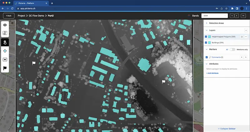 This image showcases the Picterra platform's advanced attribute mapping capabilities, featuring a Digital Surface Model (DSM) of an urban area. The grayscale elevation map is overlaid with teal polygons identifying 209 individual buildings. The interface highlights a Quality Control (QC) Flow, with a sidebar displaying layers for "Heightmapped Polygons" and "Buildings." White flag markers on the map correspond to a "Comments" section, indicating collaborative review. This tool allows users to extract and manage specific object attributes—such as building height or footprint—streamlining the workflow for urban planning, infrastructure monitoring, and 3D geospatial analysis.