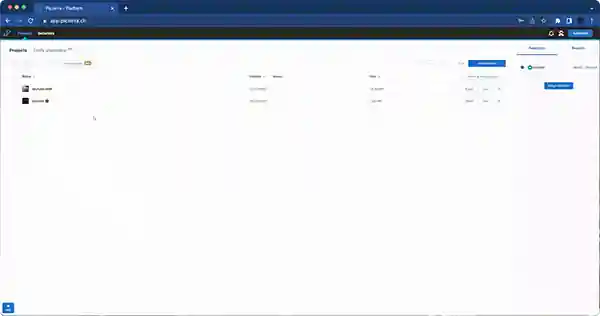 This image shows the Picterra project management dashboard, designed for organizing and managing geospatial data and AI models. The clean, minimalist interface features a list of active projects with details on their creation dates, associated imagery, and current status. The dashboard includes navigation tabs for Projects and Detectors, along with clear call-to-action buttons for creating new projects or adding data. This centralized hub allows users to efficiently manage high-resolution satellite and drone imagery, providing a structured workflow for scaling up geospatial analysis and monitoring operations.