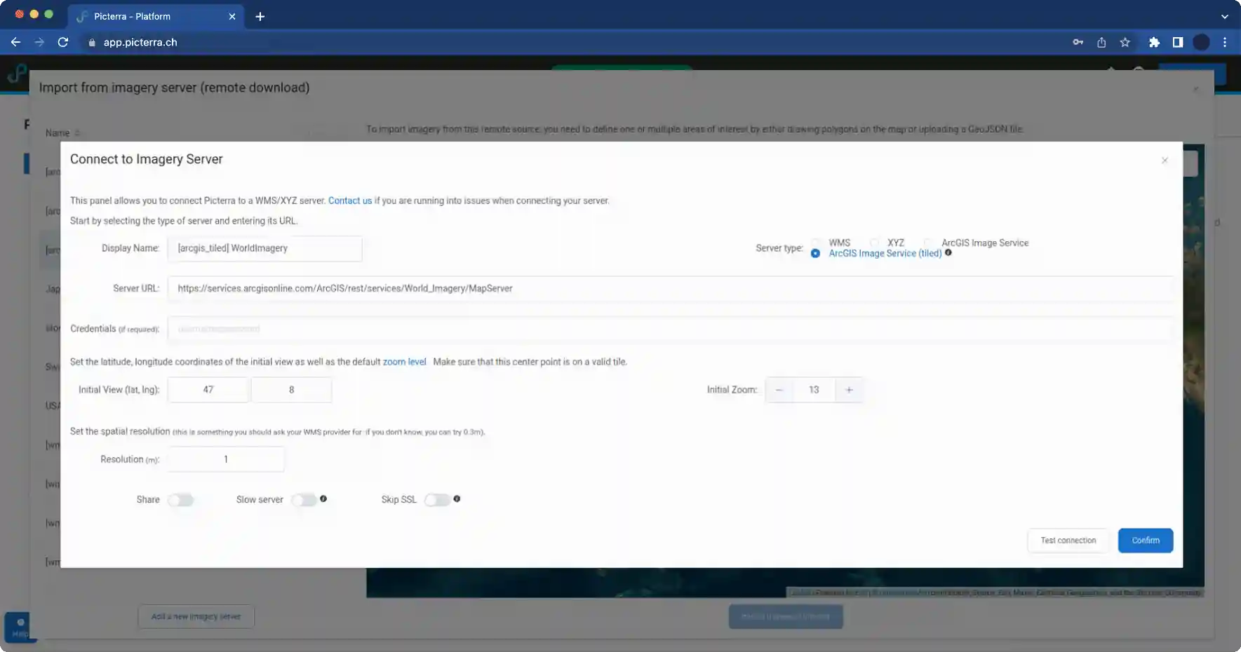 This image shows the "Connect to Imagery Server" interface within the Picterra platform, illustrating how users can integrate various external data sources into their workflow. The configuration panel allows for direct connections to remote servers including WMS, XYZ, and ArcGIS Image Services.