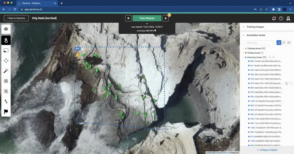 This image features the Picterra platform being used to train an AI model titled "Orig Seals," designed to detect seals along a rocky coastline. The satellite view shows several seals highlighted with bright green polygons against the white and grey rocks. The dashboard at the top indicates a training accuracy of 84.18% as of January 2024. On the right, a detailed "Annotation Areas" sidebar lists dozens of Accuracy Areas, showing individual success rates (ranging from 0% to 100%) for specific test zones. This interface demonstrates how the platform provides granular insights into model performance, allowing researchers to pinpoint where the AI excels or struggles in identifying wildlife in complex natural environments.