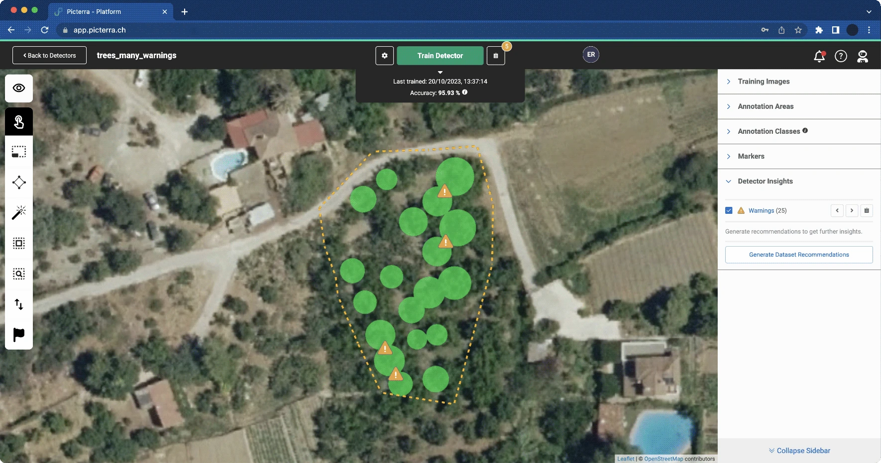 This image showcases the Picterra platform's advanced quality control and detector insight features, specifically within a project titled "trees_many_warnings." The aerial view shows a wooded residential area where individual trees have been identified with green circular polygons.