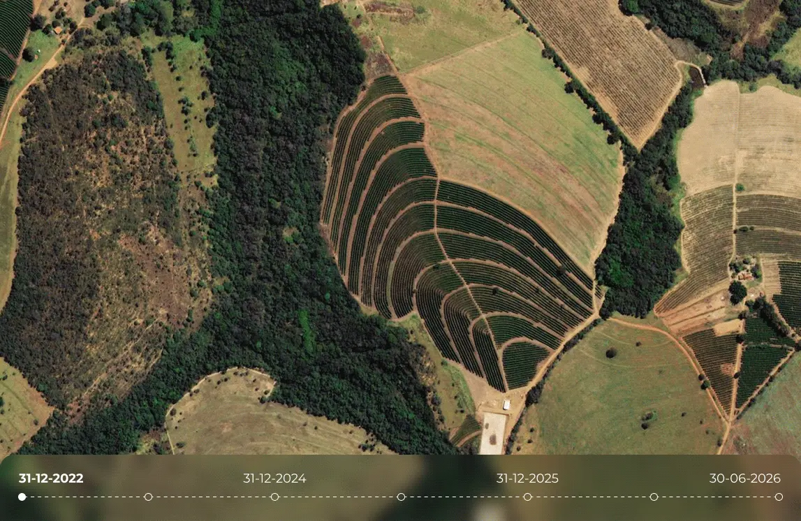 Satellite imagery timelapse tracking forest cover changes, agricultural expansion, and localized deforestation across curved crop fields from late 2022 through mid-2026.