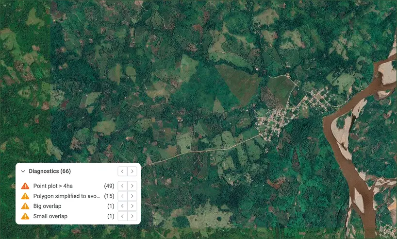 Satellite map interface showing a green landscape with farmland, river, and settlement, featuring a bottom-left overlay menu labeled "Diagnostics (66)" listing data quality issues like "Point plot > 4ha", "Polygon simplified", and plot overlaps.