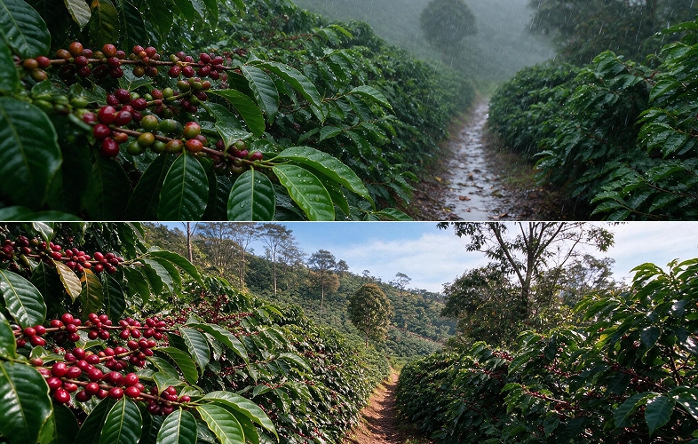 Split view comparing a coffee farm during heavy rainfall against a dry, sunny harvest setting, supporting rainfall anomaly tracking and crop yield intelligence.