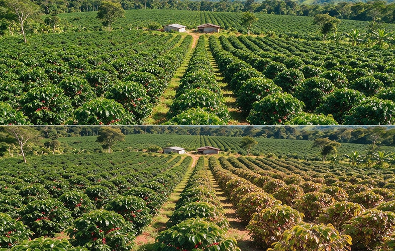 Split comparison showing a healthy green coffee field contrasted with heat-stressed crops, demonstrating temperature anomaly detection and crop yield intelligence.