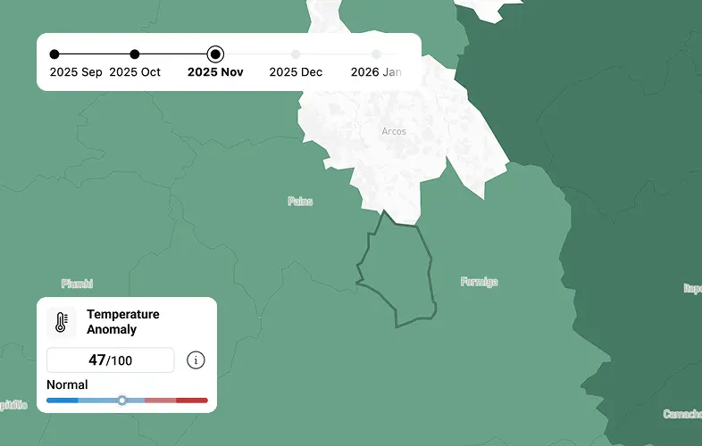 Geospatial dashboard showing a plot polygon with a interactive time slider and Temperature Anomaly rating, supporting heat risk assessment and crop yield intelligence.