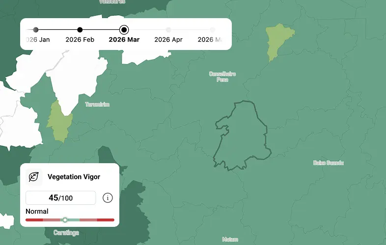 Regional map interface tracking a plot polygon with a time slider and Vegetation Vigor index, showcasing crop growth monitoring and crop yield intelligence.