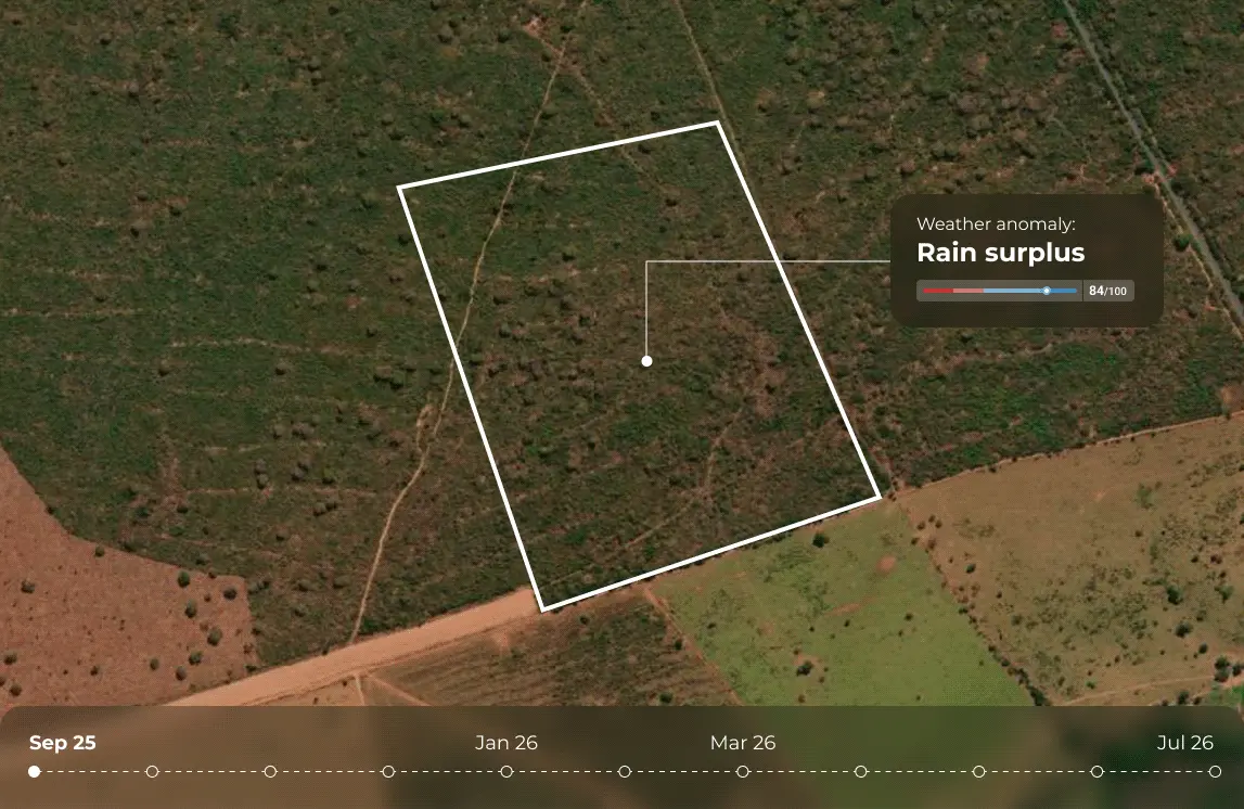 Satellite view of a farm plot polygon with a time-lapse timeline and weather anomaly popup indicating a rain surplus, demonstrating crop yield intelligence.
