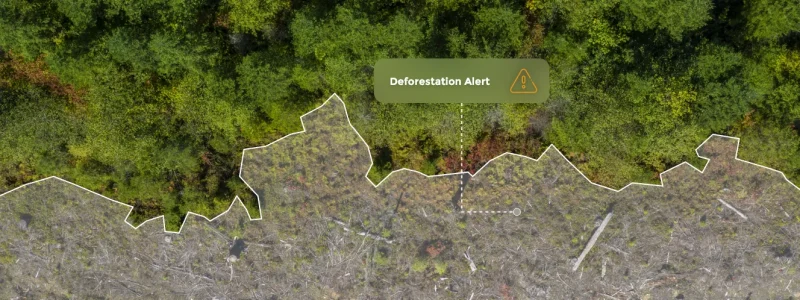 Aerial image showing a forest edge with a clear boundary between dense tree cover and deforested land, overlaid with a “Deforestation Alert” notification highlighting detected land clearing.
