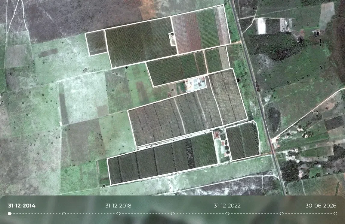 Satellite timeline image of outlined agricultural plots from 2014 to 2026, showing land cover changes and fire damage across cropland and surrounding vegetation.
